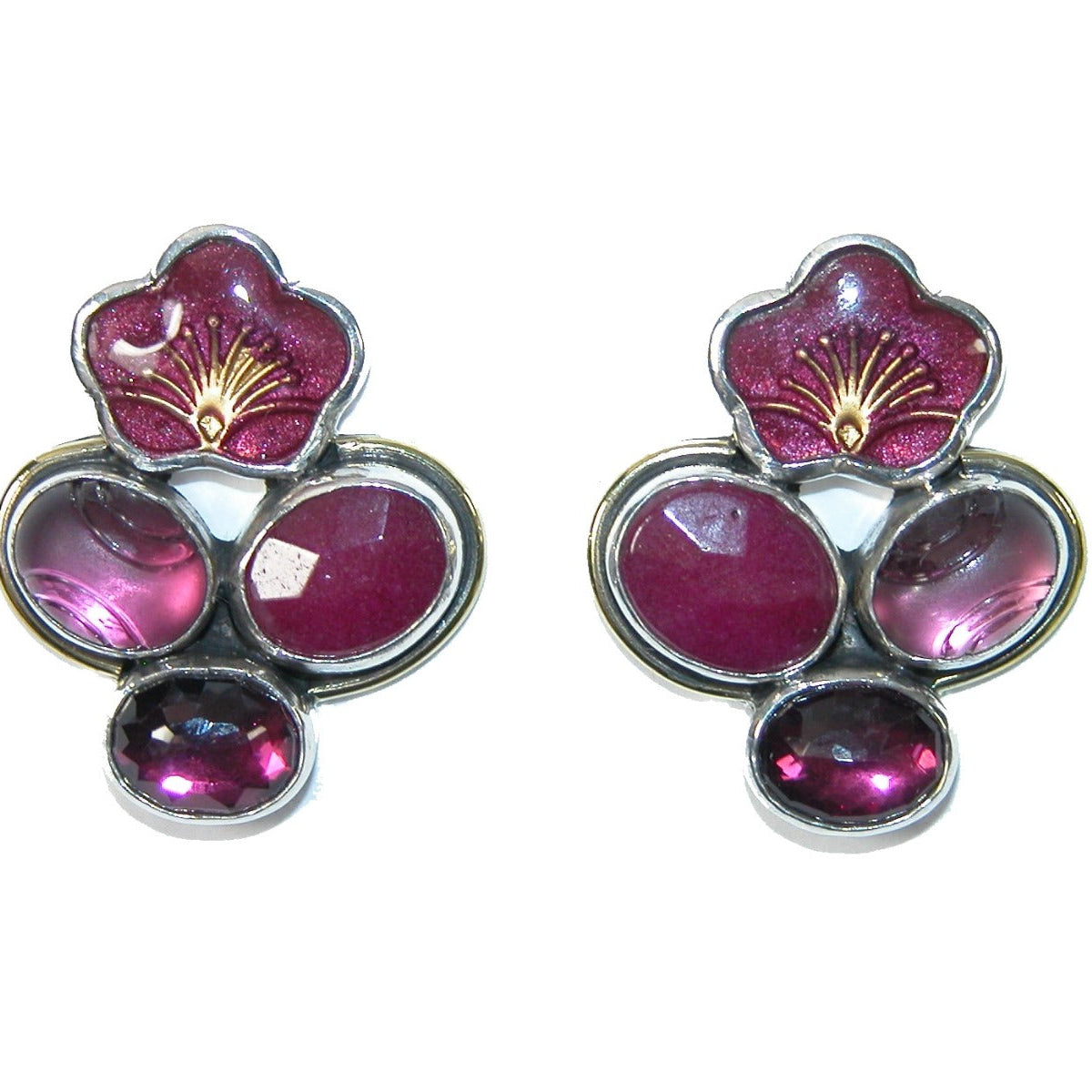 31519 Berry Quartz, Celestial Quartz, Hand-Enameled Floral Earrings