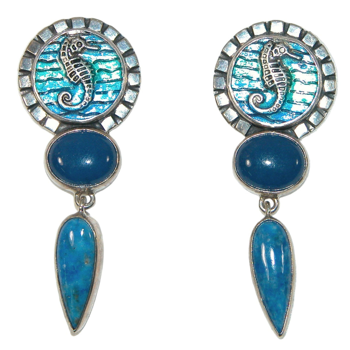 31522 Enameled Seahorse, Agate, Sodalite, Sterling Silver Earrings