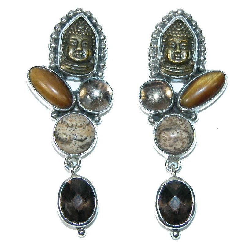 31533 Tiger's Eye, Picture Jasper, Celestil Quartz, Smokey Topaz Buddha Sterling Silver Earrings