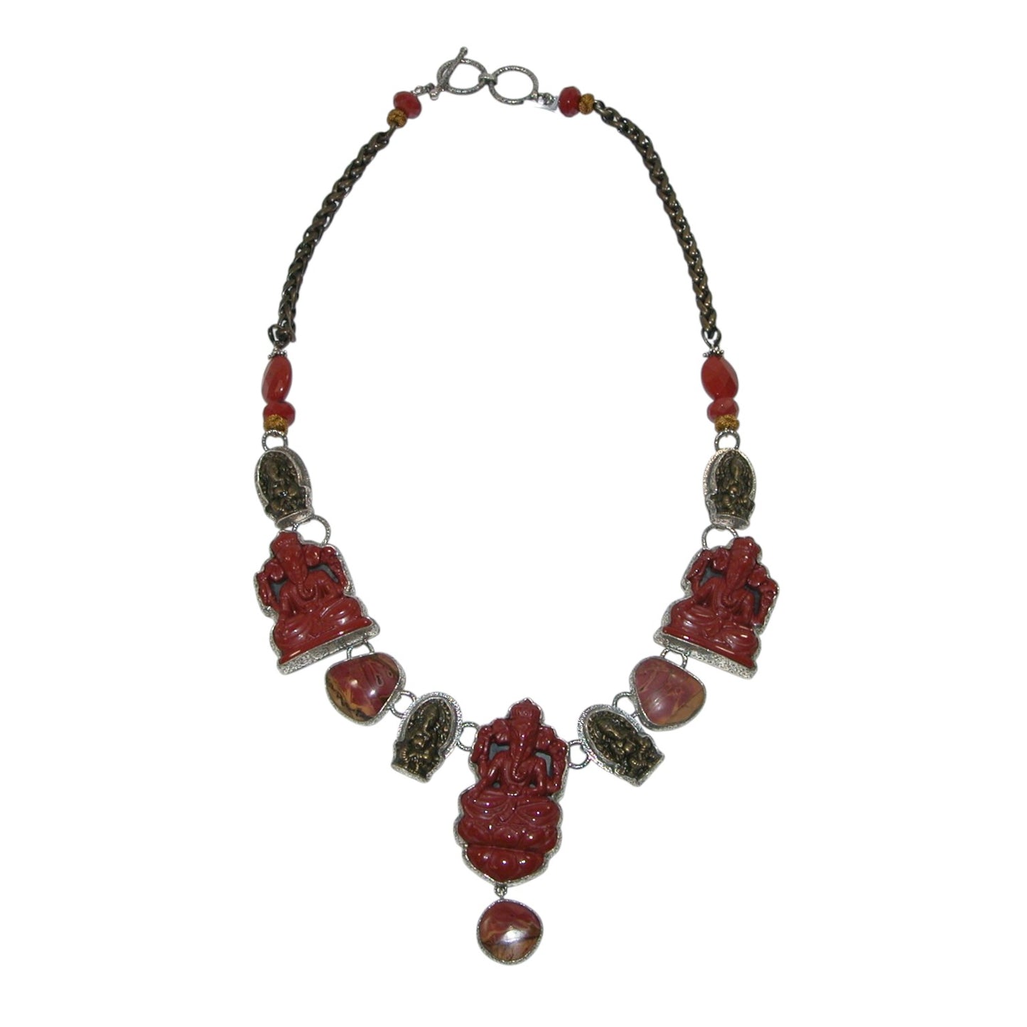 Carved Jasper Carnelian Beaded Sterling Silver Necklace