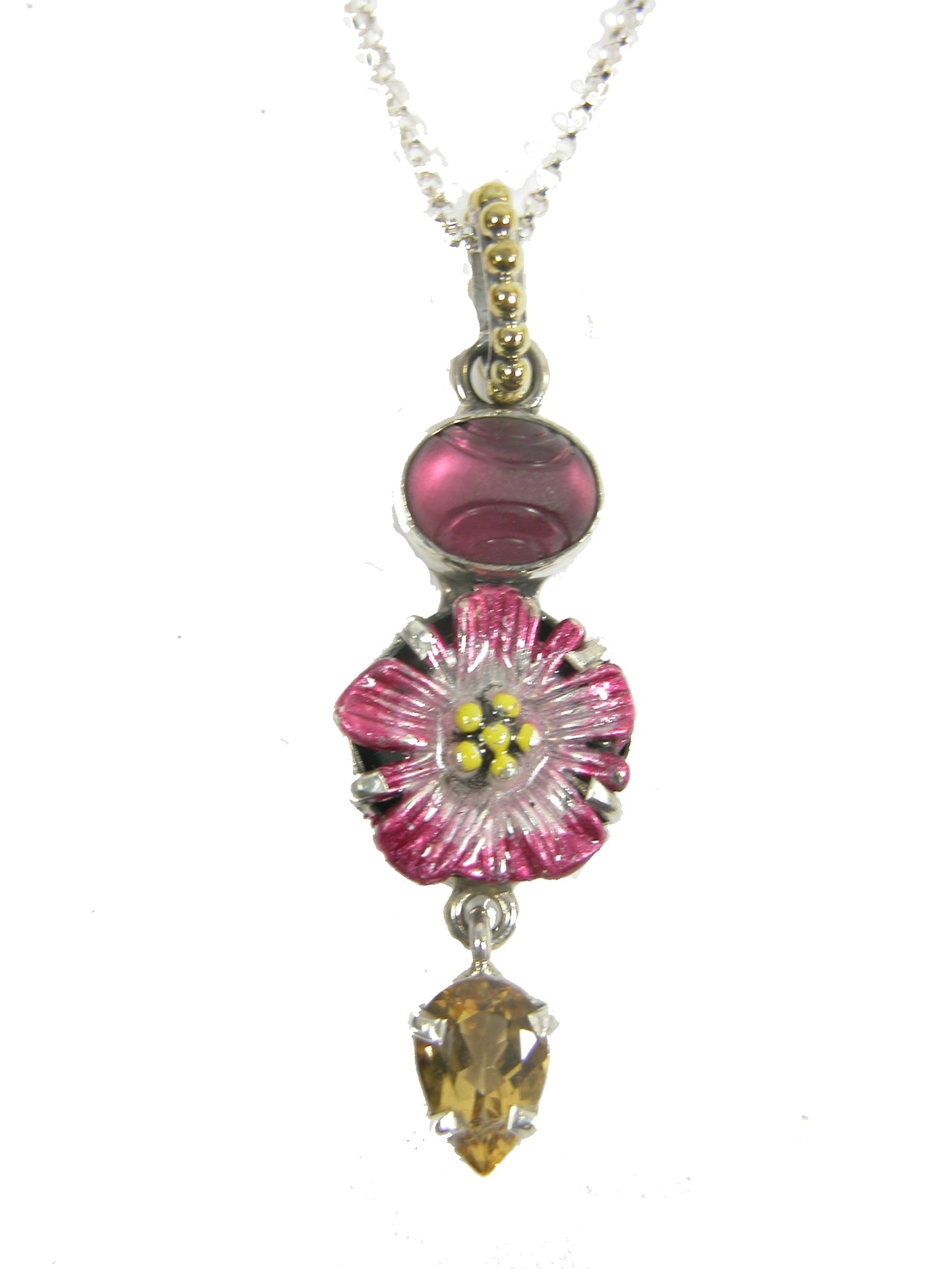 31550A Celestial Quartz, Citrine, Hand Enameling Flower Sterling Silver Necklace