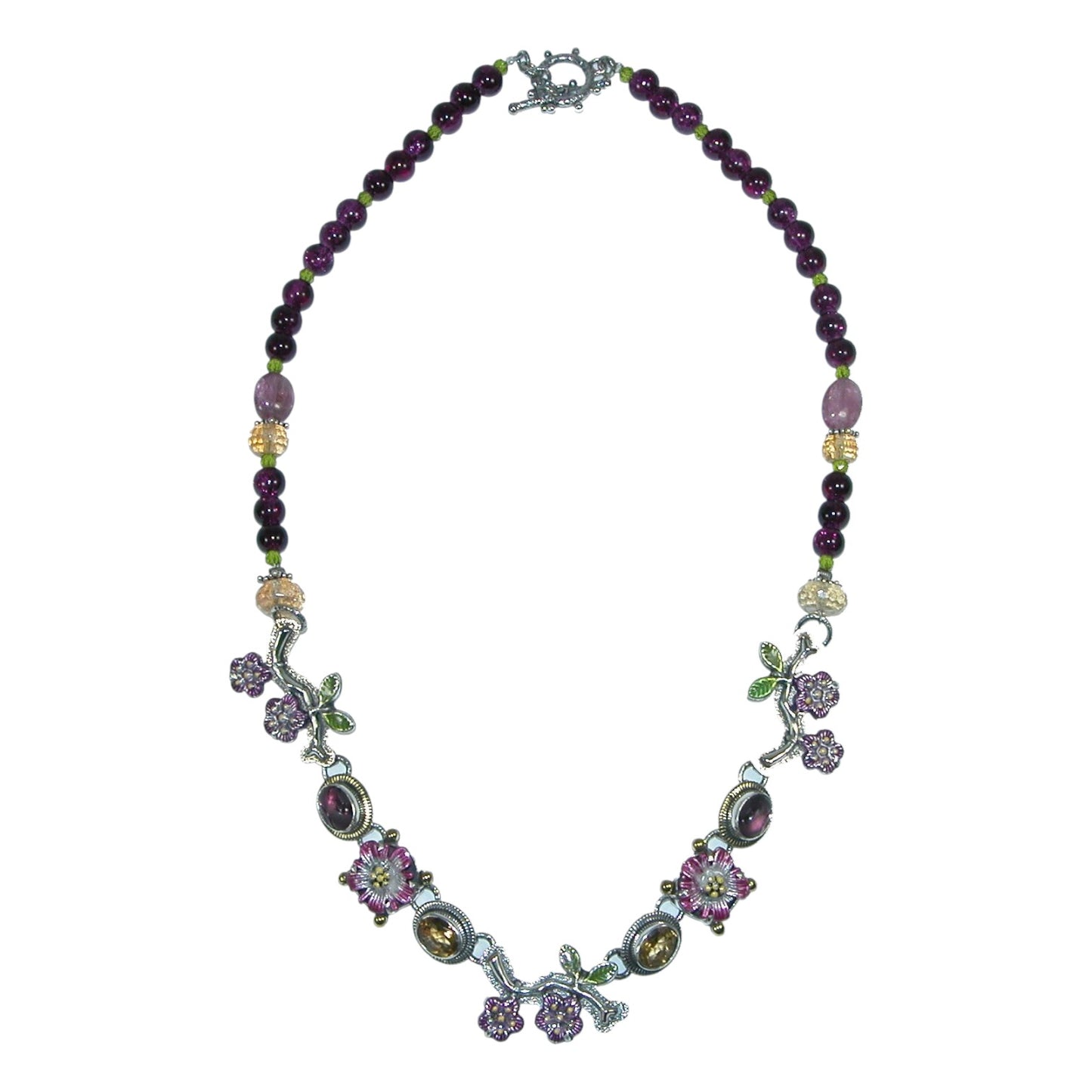 Amethyst, Hand Enameling Floral Sterling Silver Necklace