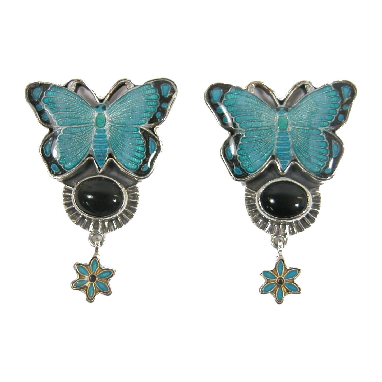 31556 Hand Enamel Blue Butterfly Black Onyx Sterling Silver Pin and Pendant