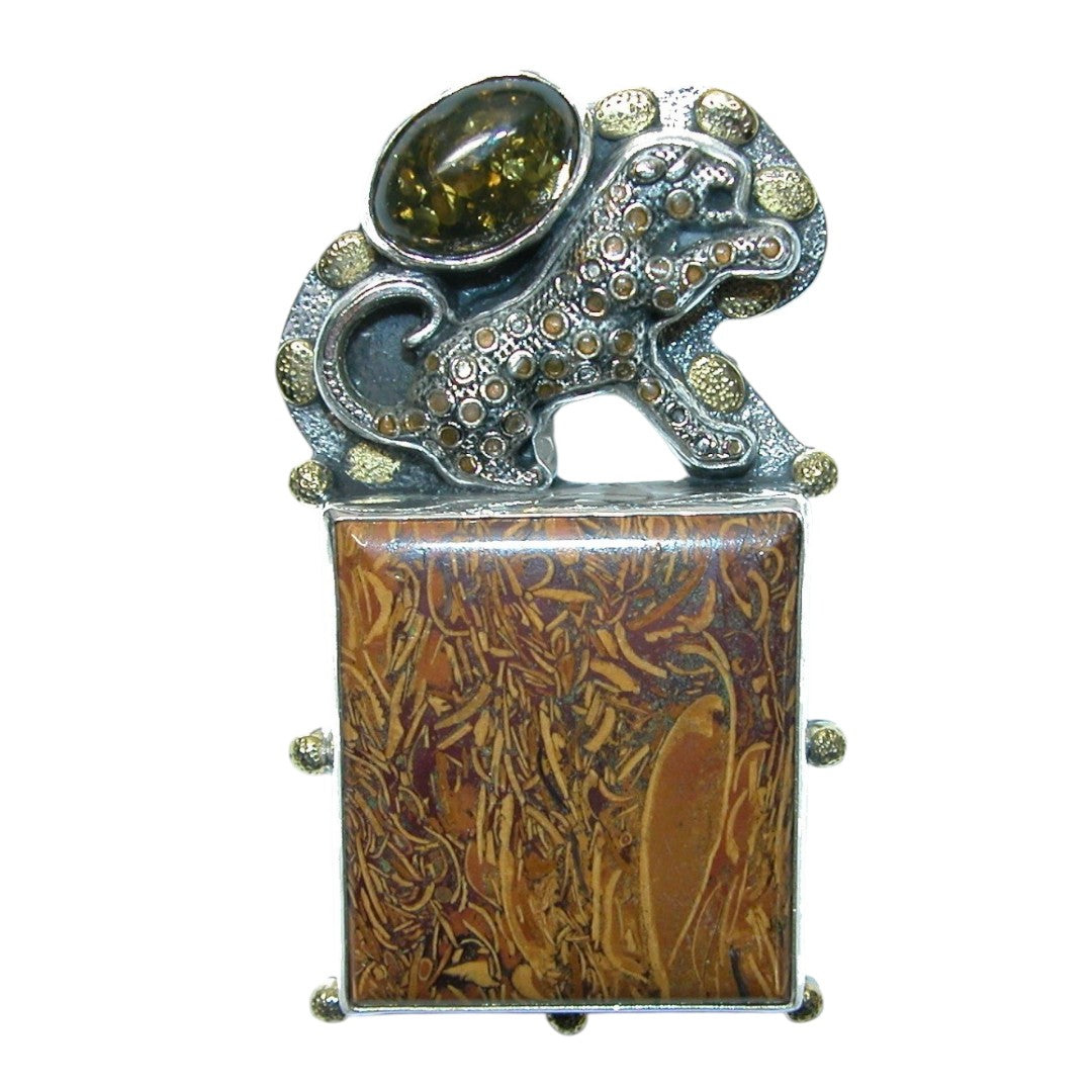 31570 Amber Jasper Enamel Leopard Sterling Silver Pin Pendant