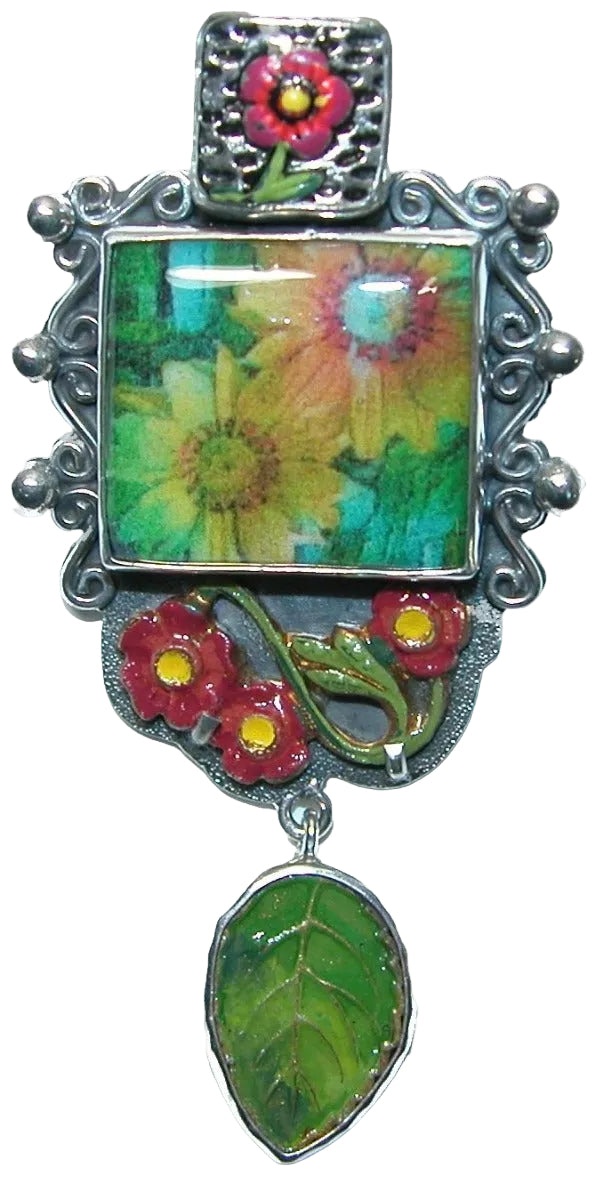31583 Hand Enameled Flower Tile set in Sterling Silver Pin and Pendant