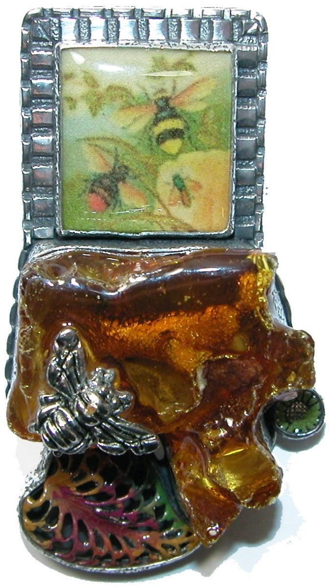 31587 Amber Handmade Bee Tile Sterling Silver Pin Pendant