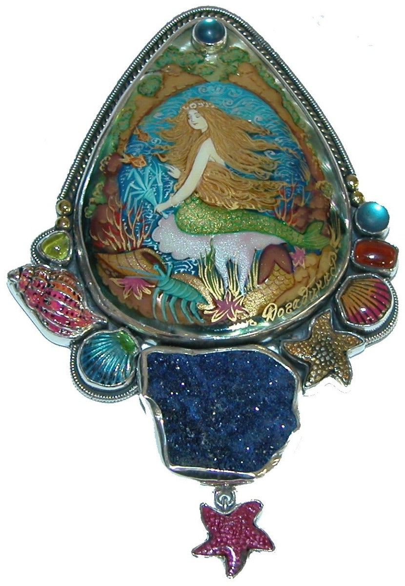 Hand Painted Mermaid Azurite Enamel Sterling Silver Pin Pendant