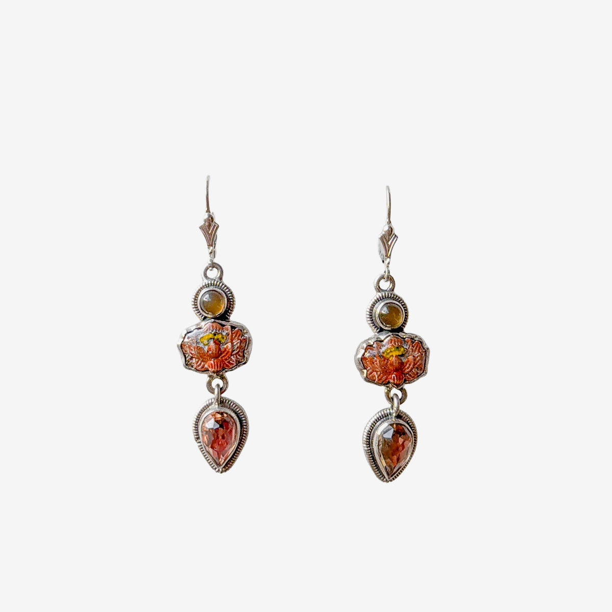 31598L Moonstone, Quartz, Hand Enameled Lotus Earrings