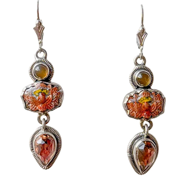 31598L Moonstone, Quartz, Hand Enameled Lotus Earrings