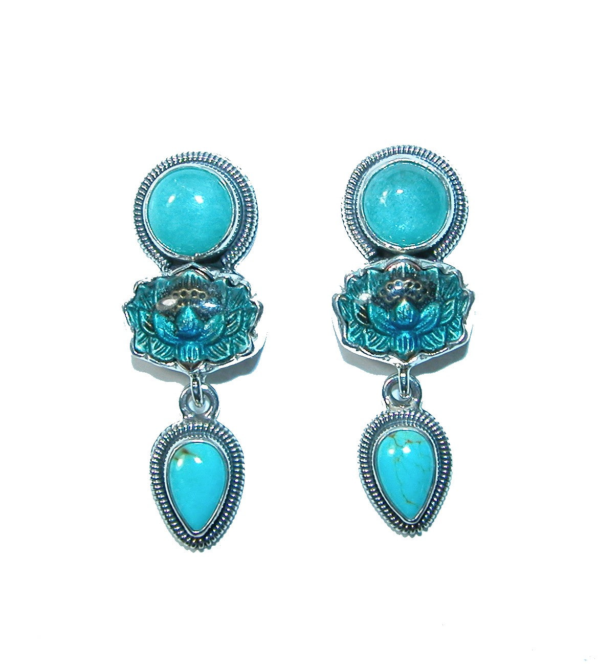 Turquoise Enameled Lotus Sterling Silver Dangle Earrings