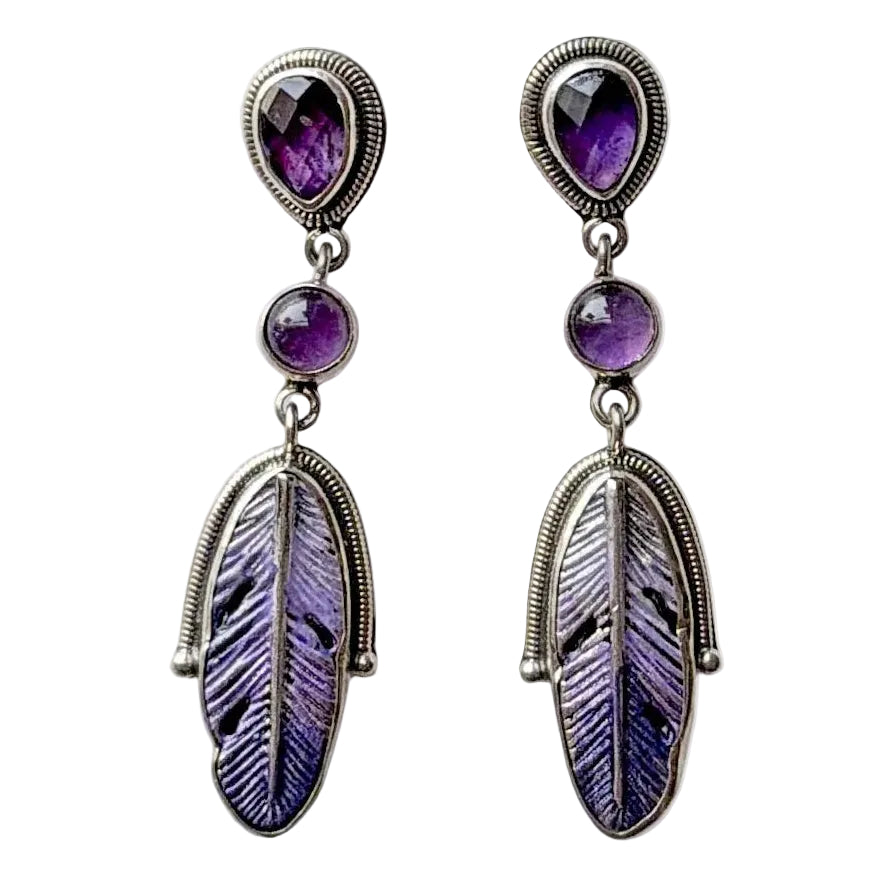 31615A Amethyst, Hand-Enameled Feather, Sterling Silver Earrings