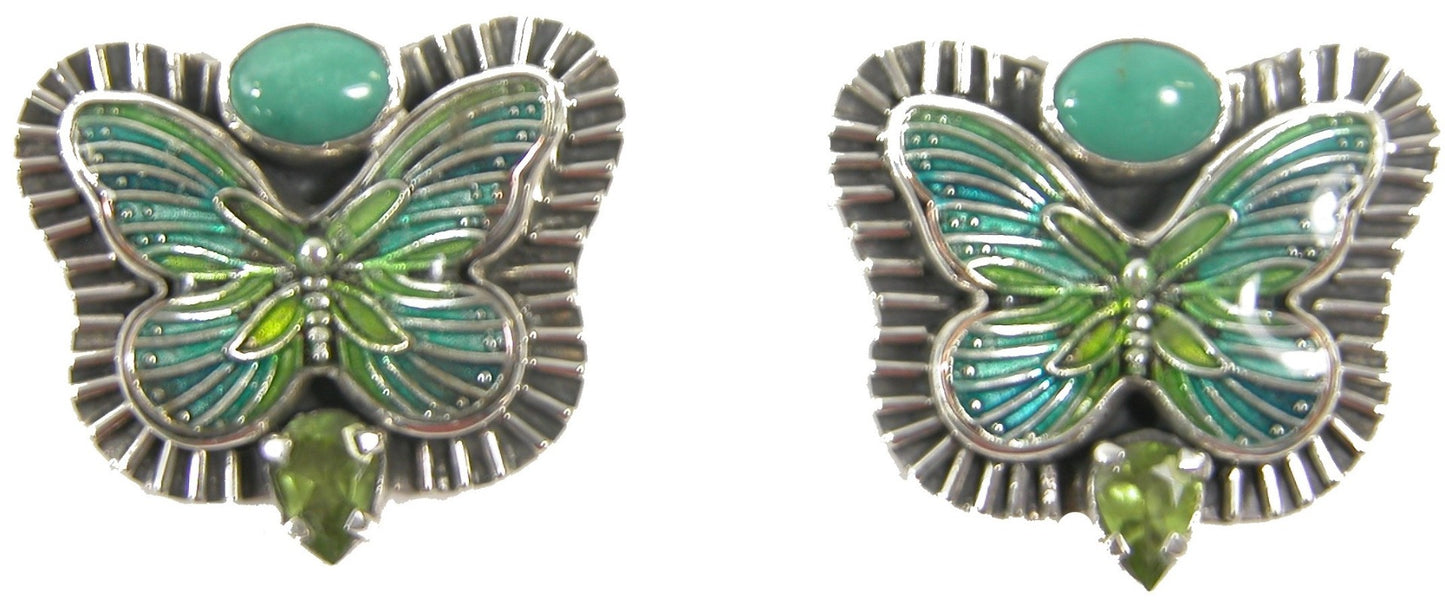 31616B Enameled Butterfly Peridot Turquoise Sterling Silver Earrings
