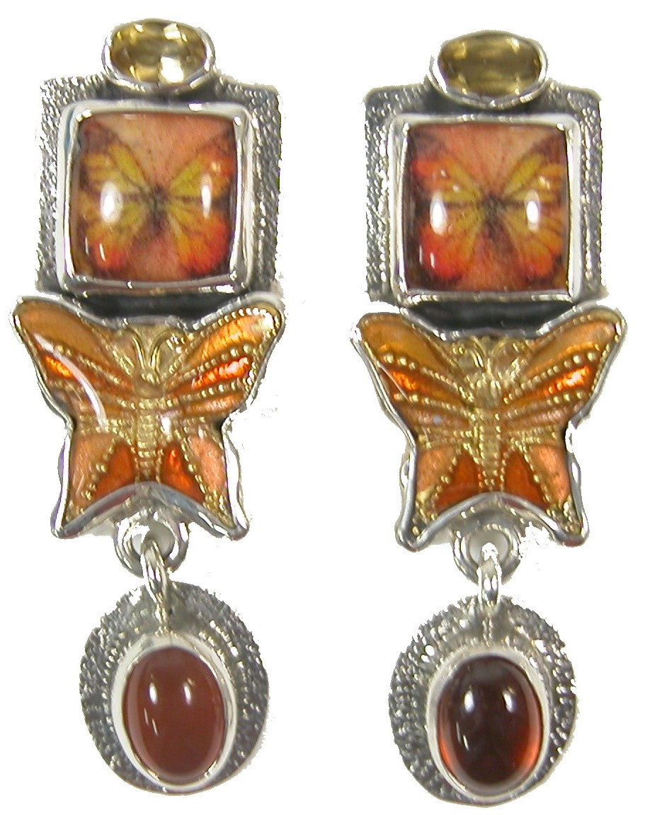 31619 Hand Enameled Orange Butterfly Citrine Hessanite Sterling Silver Earrings