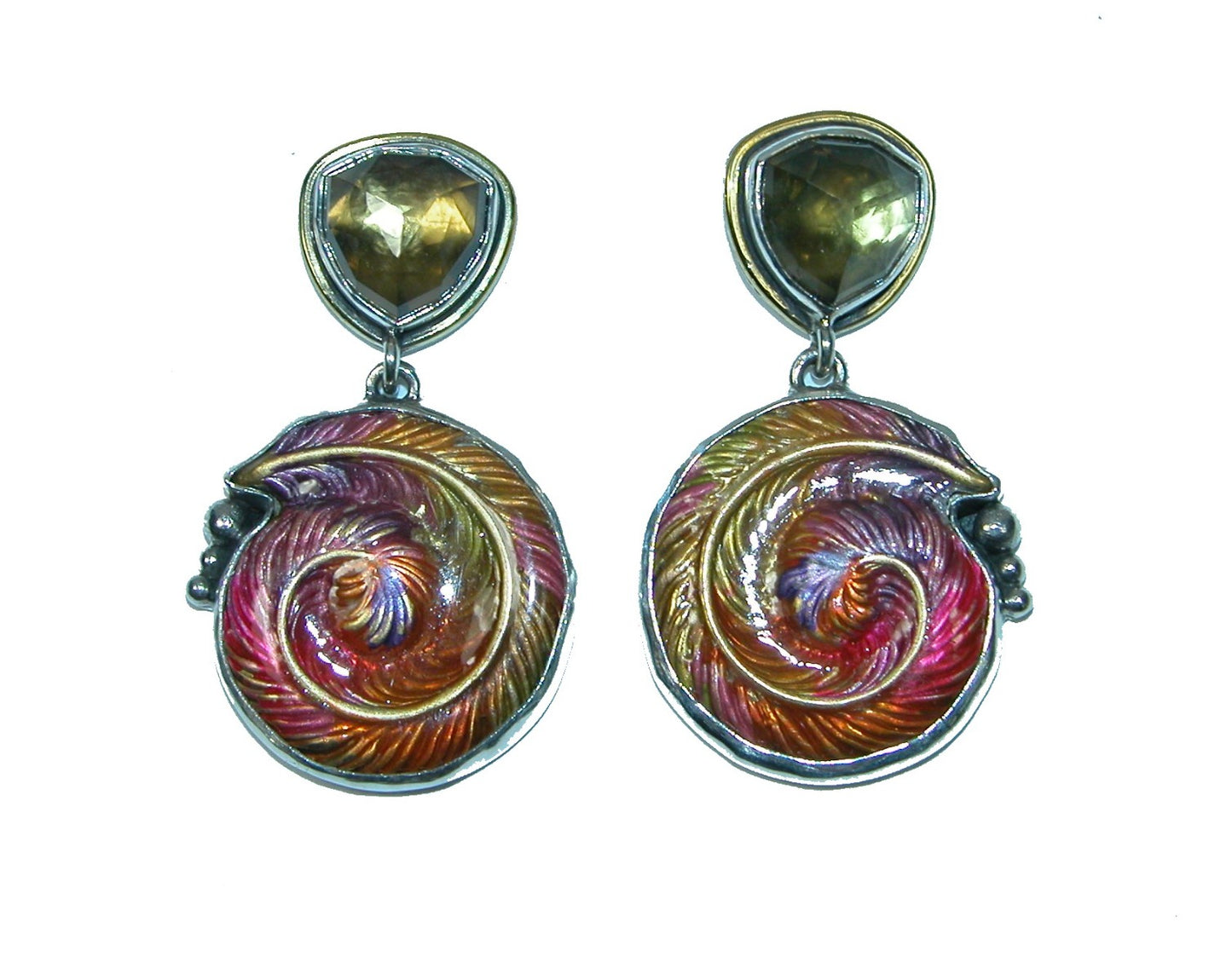 Cognac Topaz Enamel Feather Swirl Sterling Silver Earring
