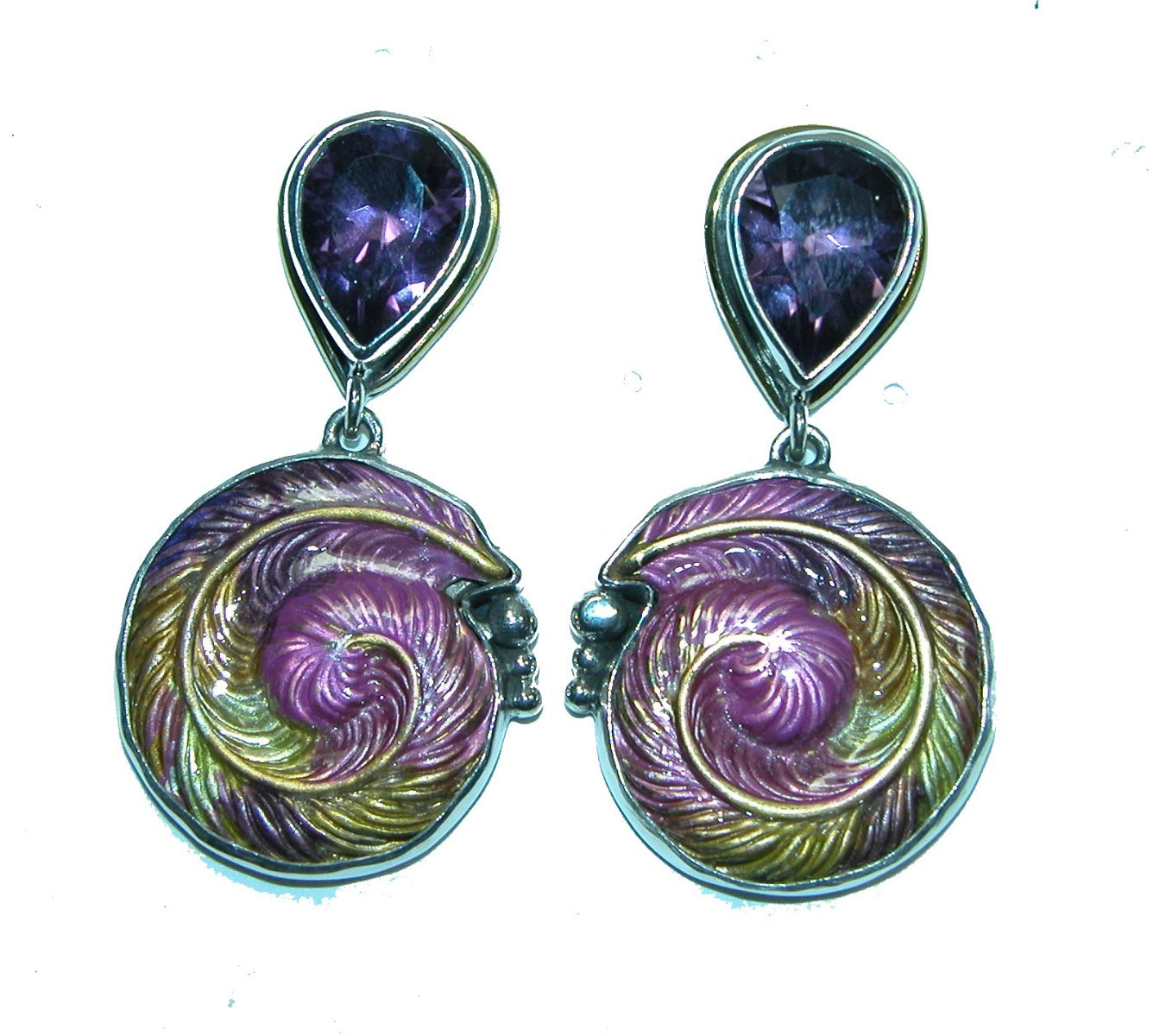 31621D Amethyst Enamel Feather Swirls Sterling Silver Earrings