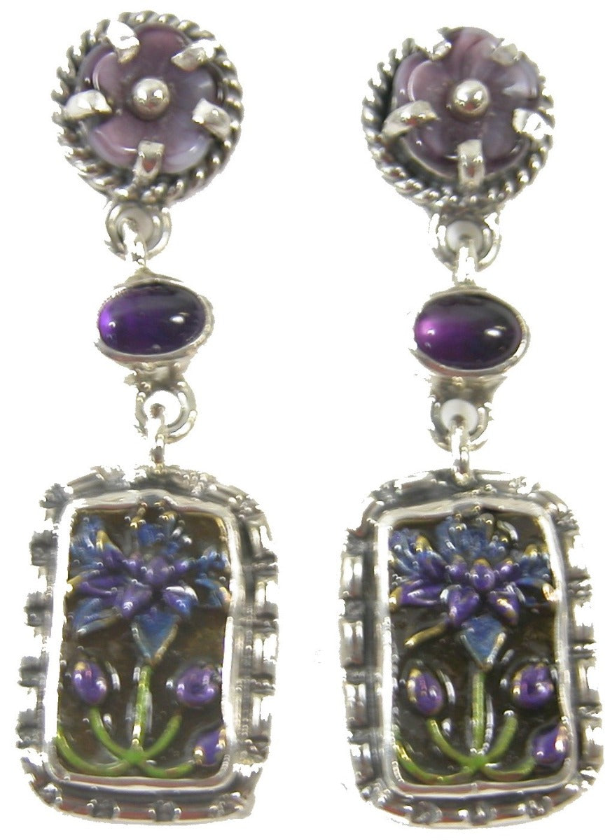Hand Carved Amethyst Flower with Hand Enameled Flower Sterling Silver Drop Earring
