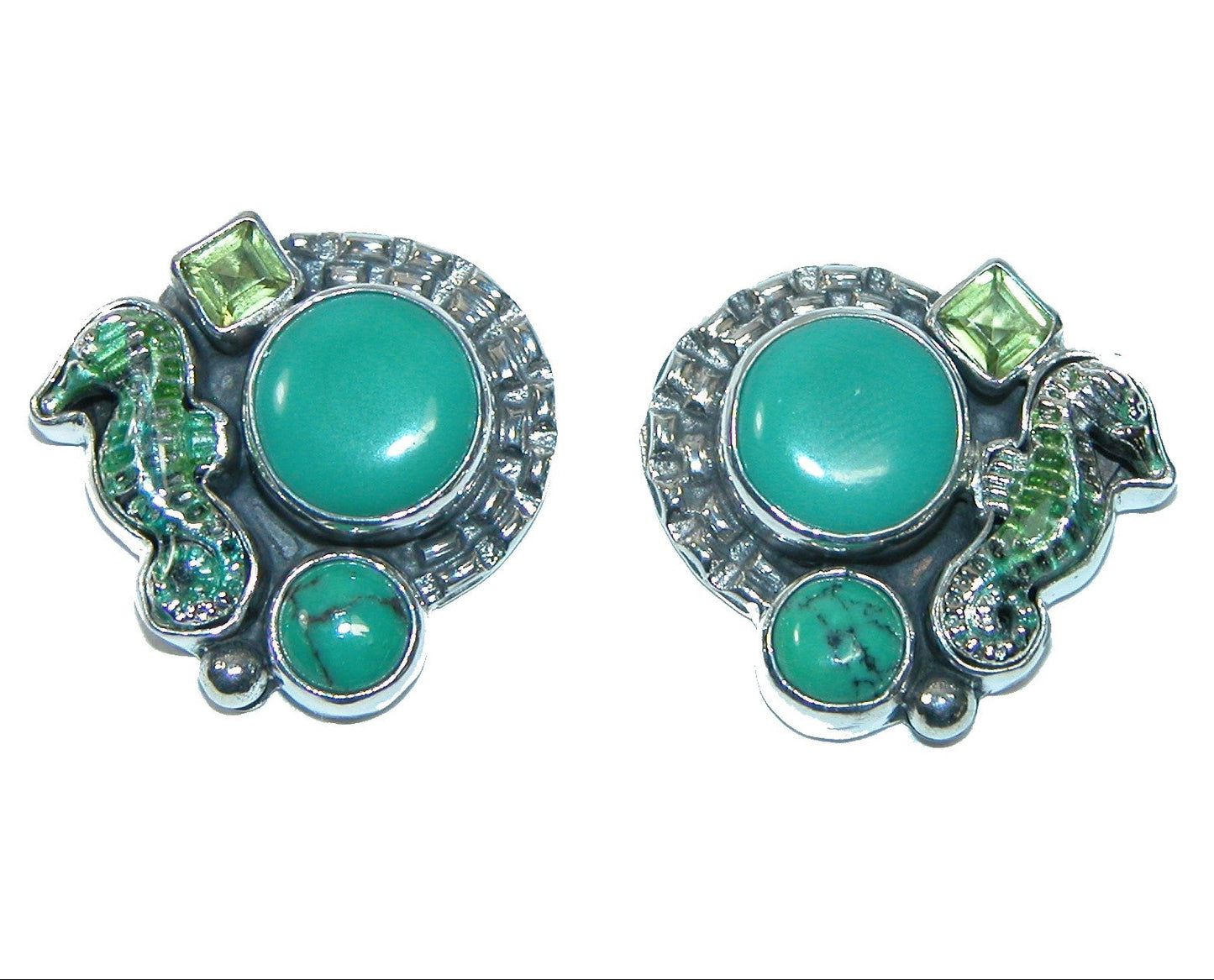 31624 Turquoise, Peridot & Enameled Seahorse Cluster Sterling Silver Earrings