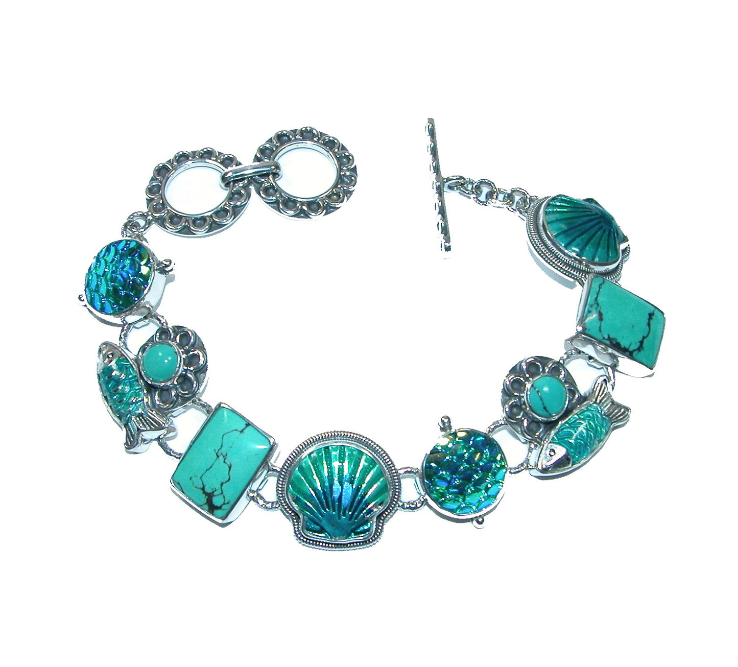 Turquoise Enamel Fish Seashell Sterling Silver Bracelet