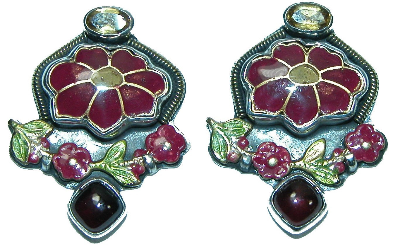 Citrine Garnet Red Enamel Flower Sterling Silver Earring