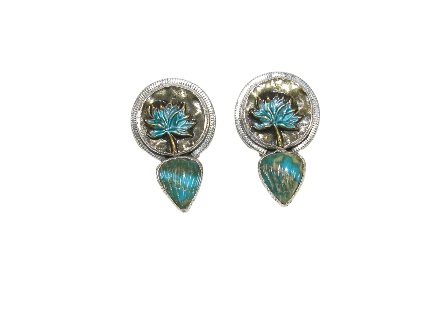31637 Peruvian Opal with Hand Enameled Lotus Flower Sterling Silver Earrings