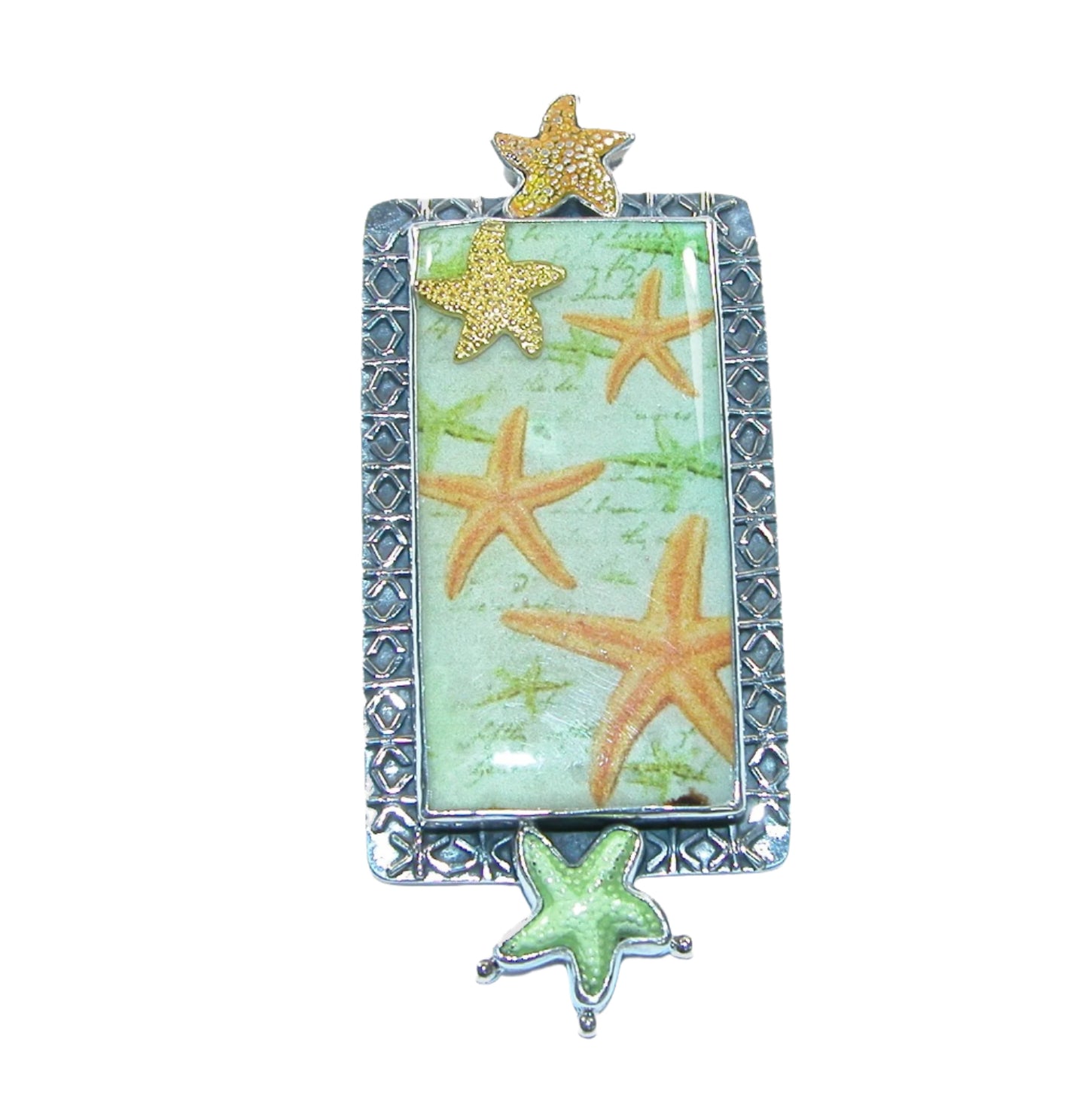 31659 Hand Painted Starfish Tile Enameled Sterling Silver Pin and Pendant