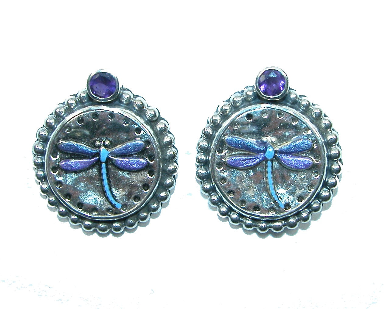 31673 Hand Enameled Dragonfly Earrings with Amethyst Stones