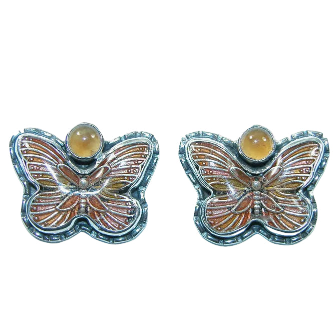 31676 Hessonite, Hand-Enameled Butterfly Sterling Silver Earrings