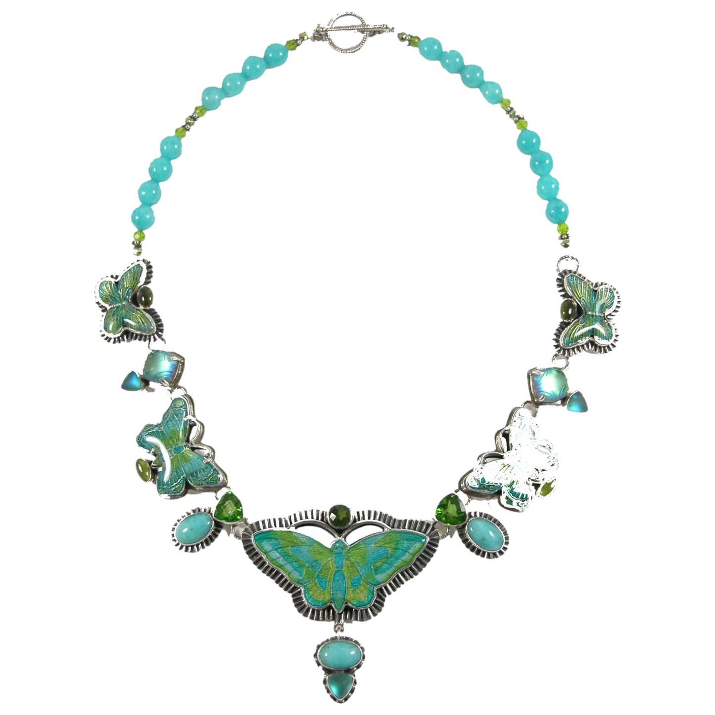 31876C Hand Enameled Butterfly Necklace Turquoise Beaded Sterling Silver Toggle Necklace