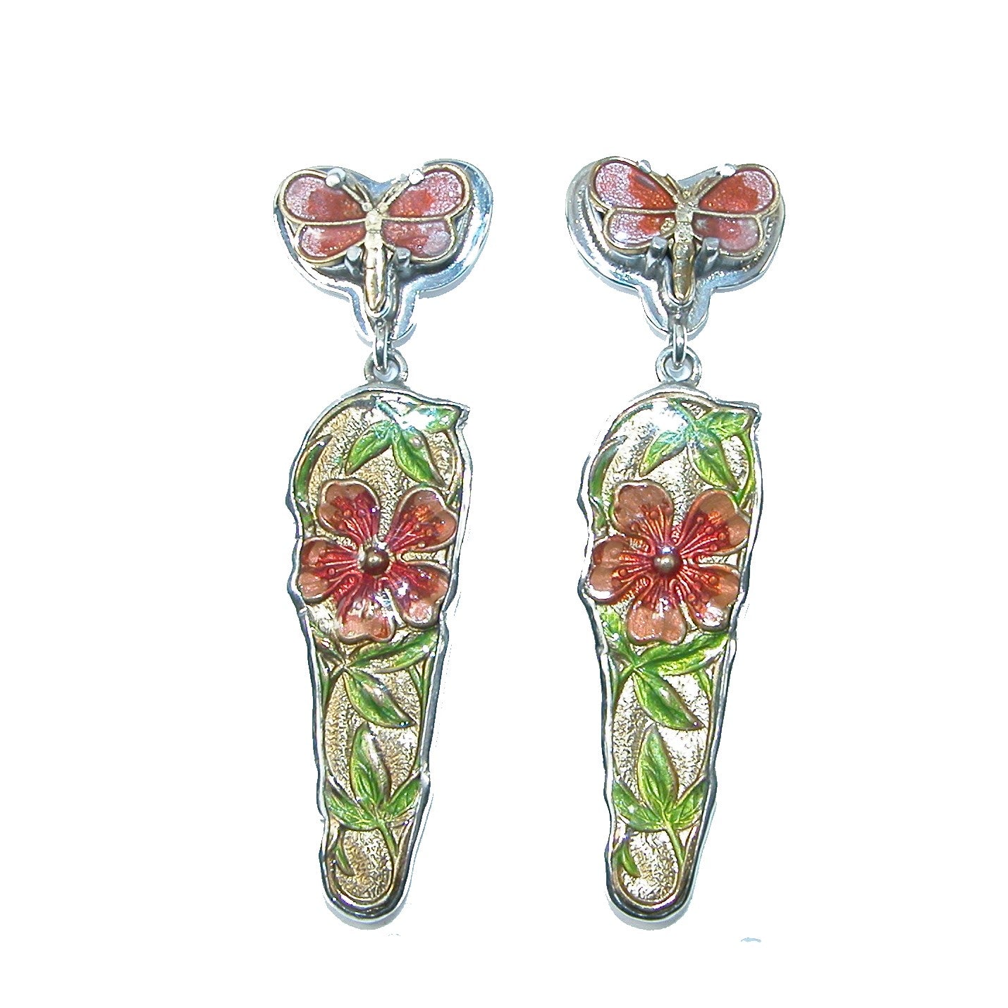 31679A Orange Hand Enameled Dragonfly Floral Vermeil Sterling Silver Earrings