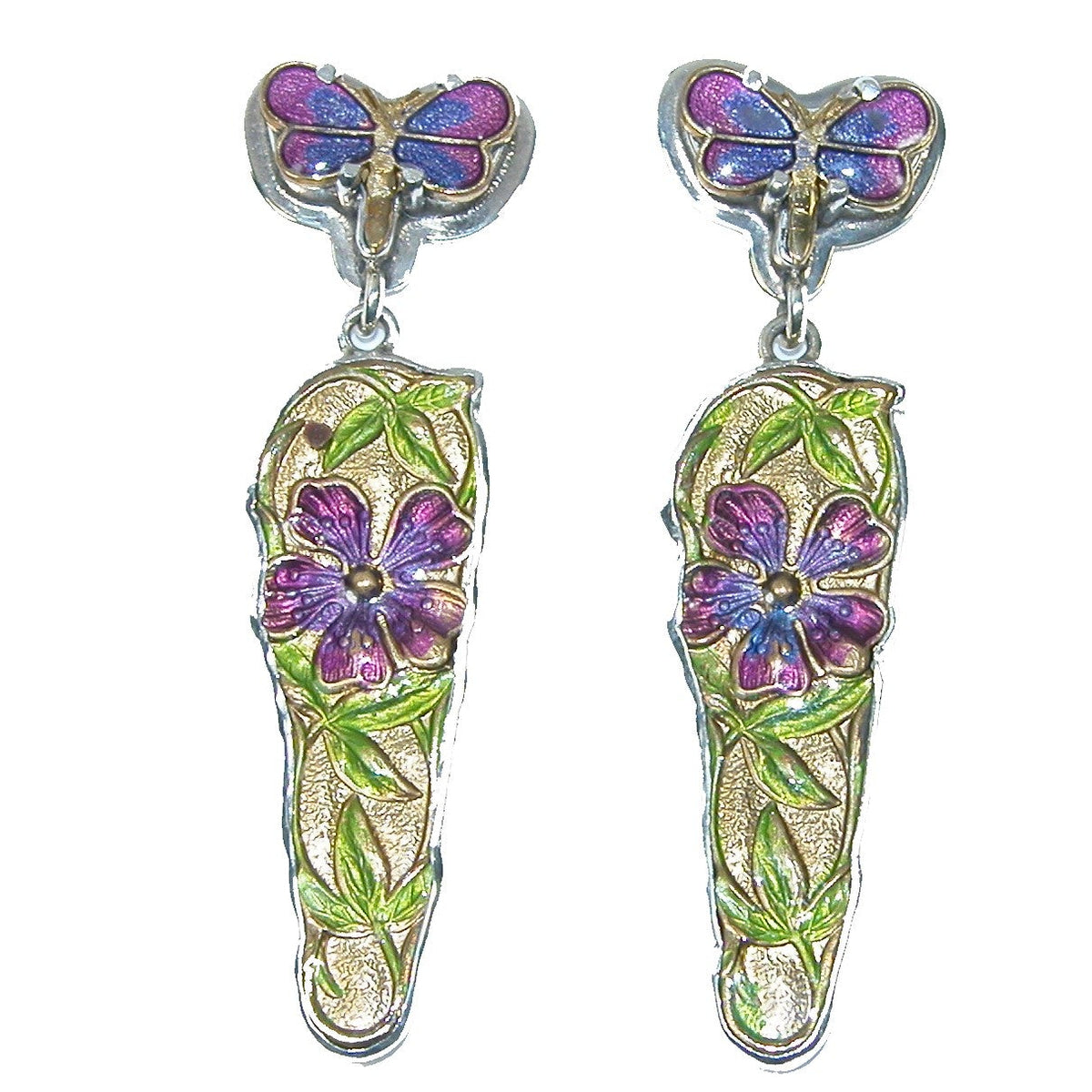 31679B Purple Hand Enameled Dragonfly and Floral Sterling Silver Earrings