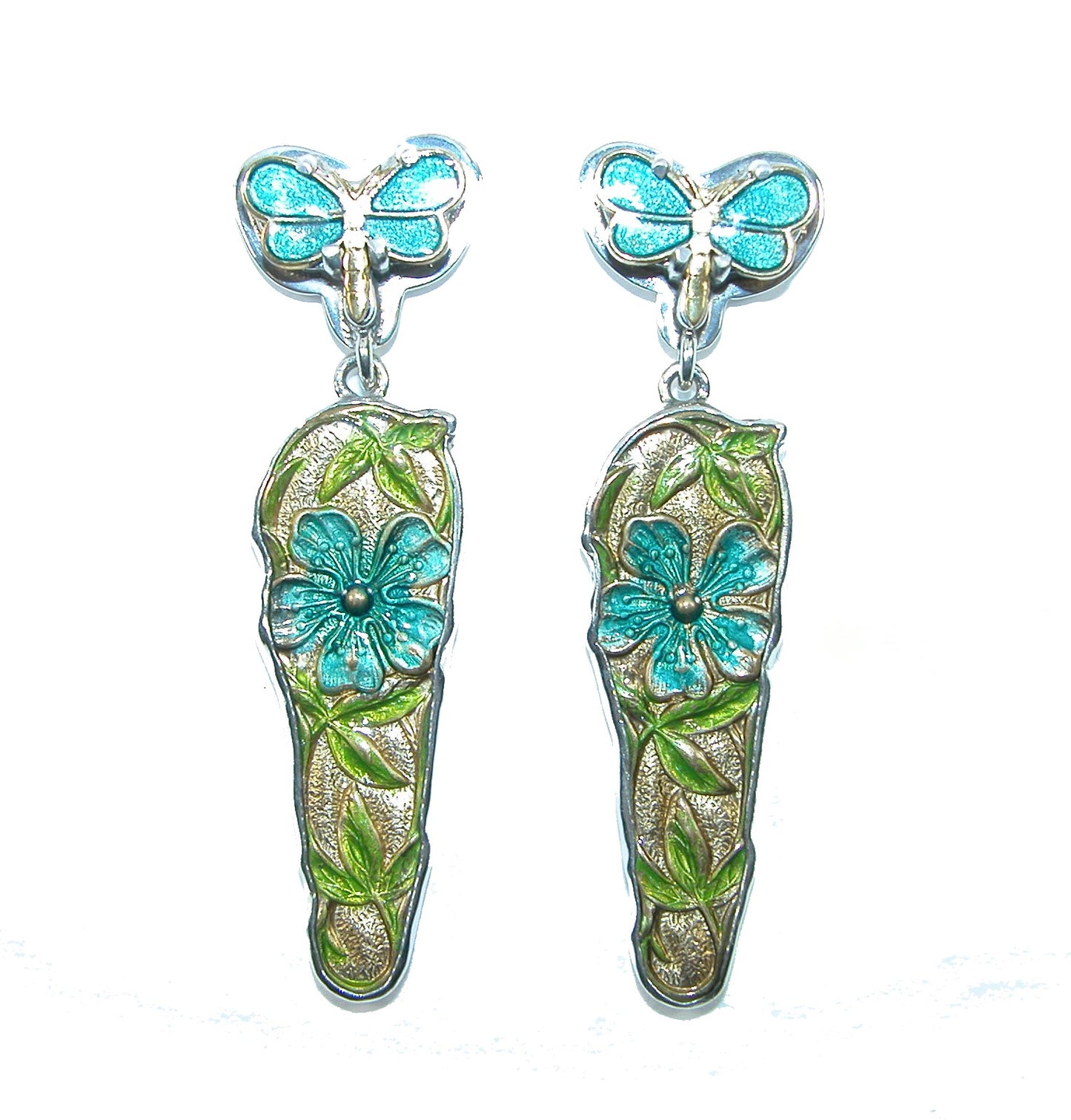 31679 Teal Hand Enameled Dragonfly Floral with Vermeil Sterling Silver Earrings