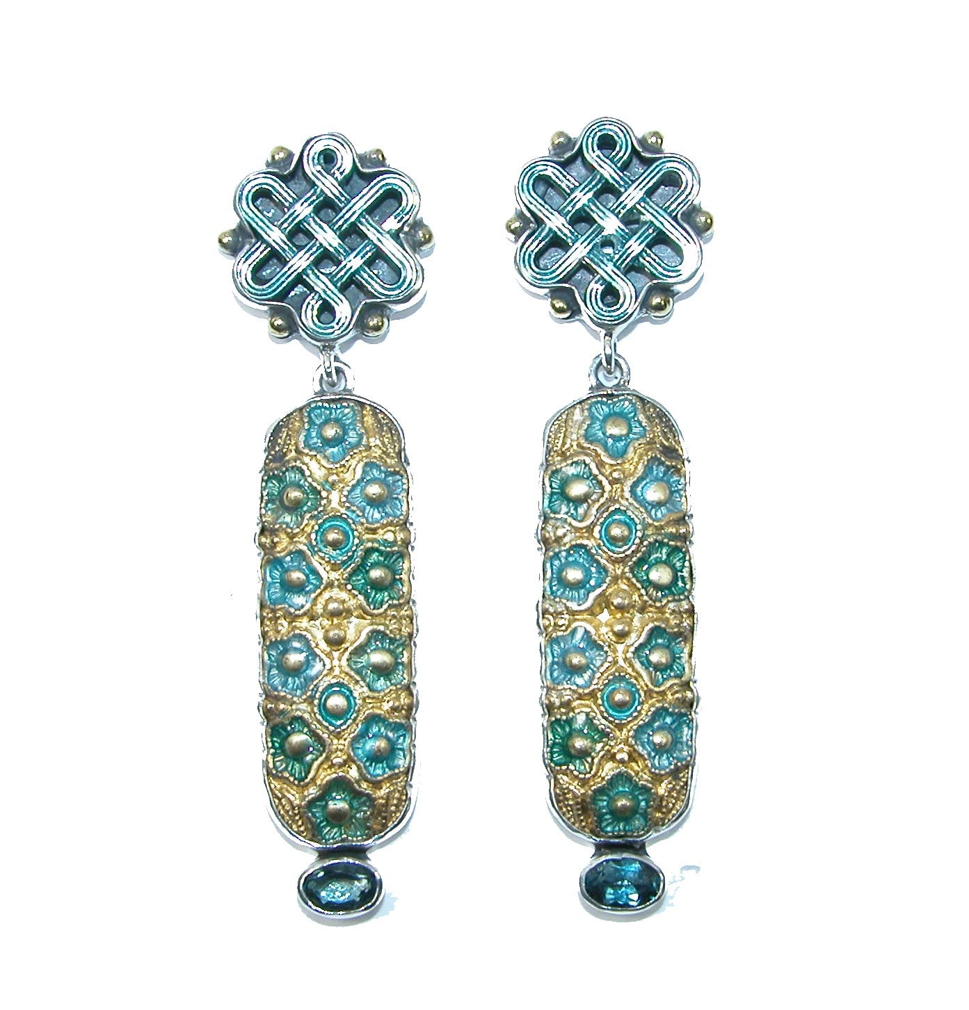 31683 Blue Topaz, Hand Enameled Floral, Sterling Silver Earrings