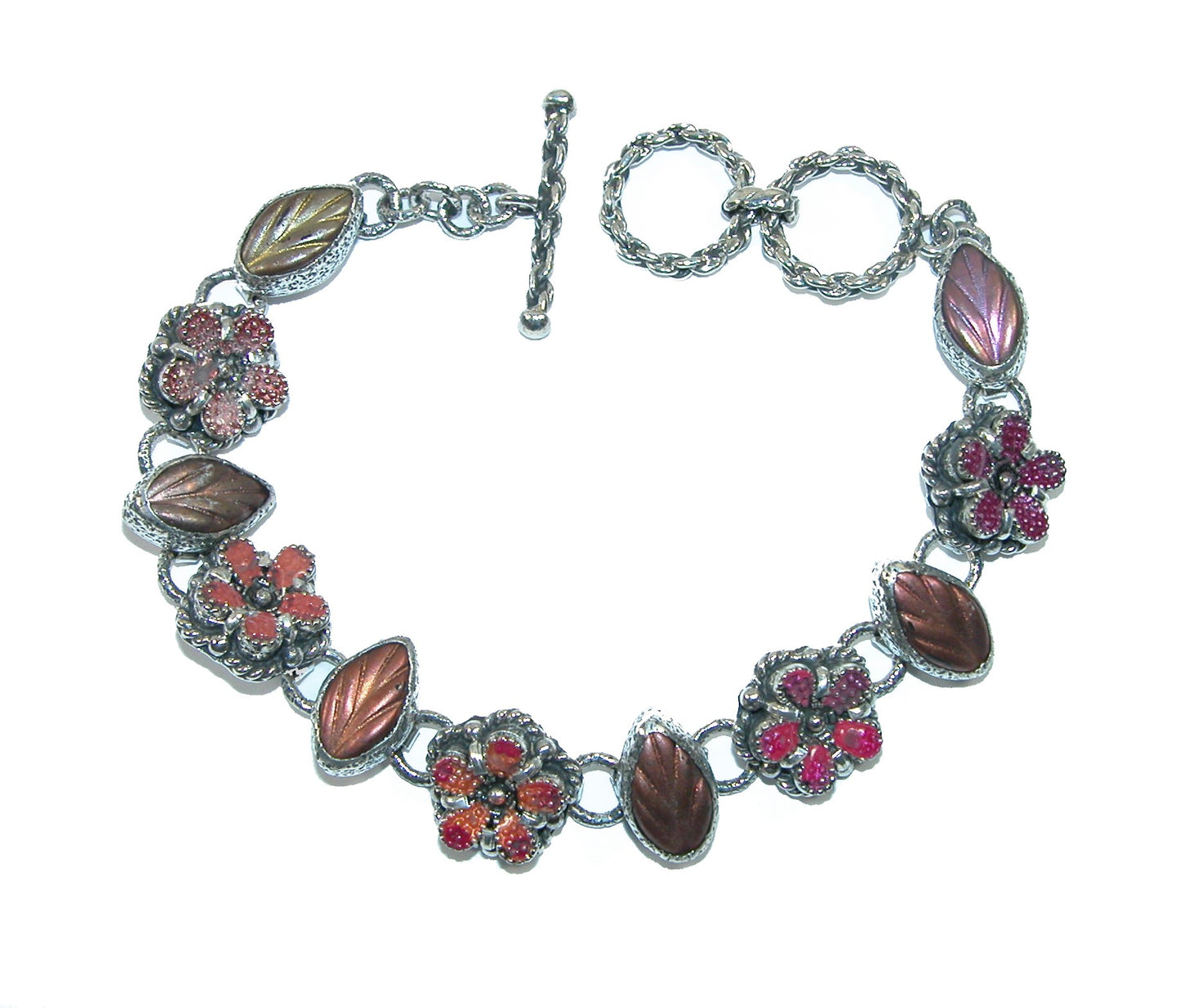 31686 Czech Glass Enamel Flower Sterling Silver Bracelet