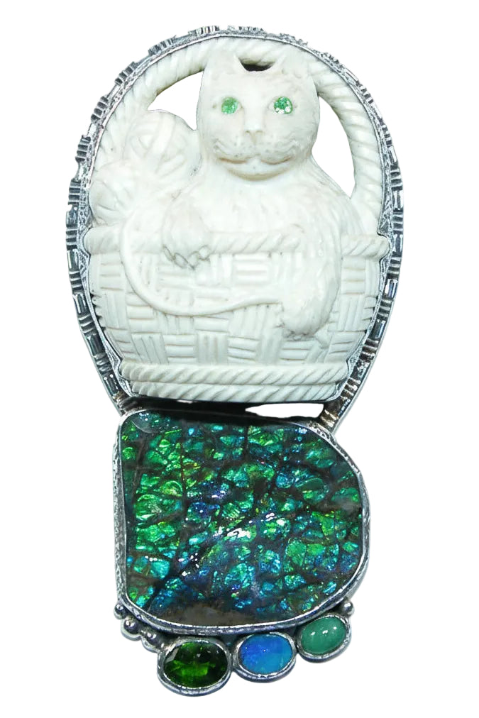 31696 Hand Carved Cat, Boulder Opal, Chrome Diopside Sterling Silver Pin Pendant