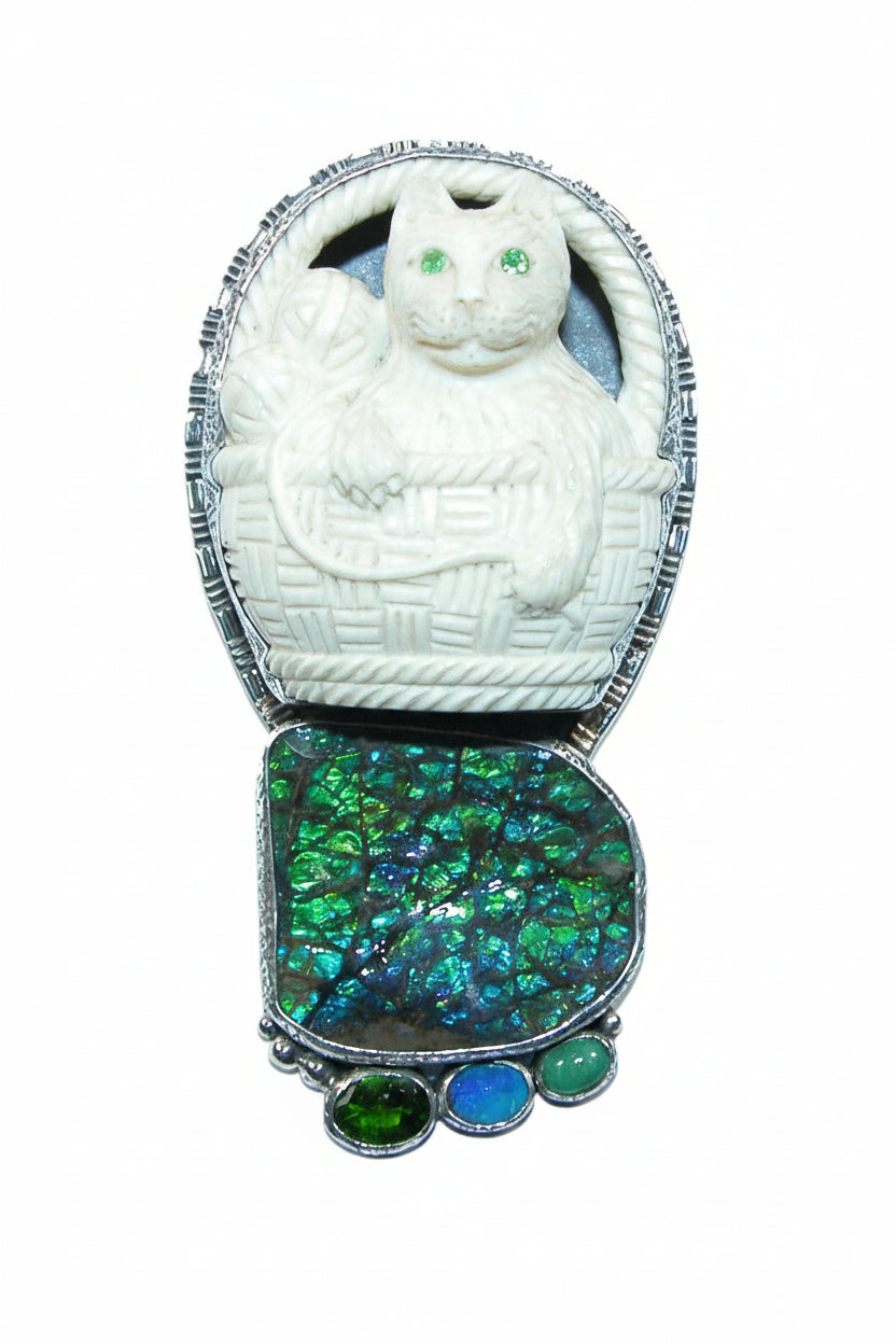 31696 Hand Carved Cat, Boulder Opal, Chrome Diopside Sterling Silver Pin Pendant