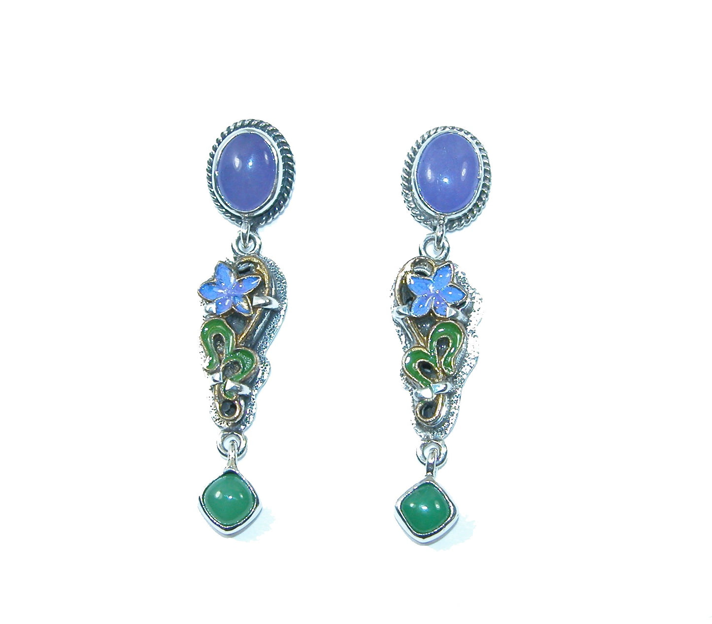 31698 Purple Quartz and Chrysoprase Hand Enameled Floral Sterling Silver Dangle Earrings