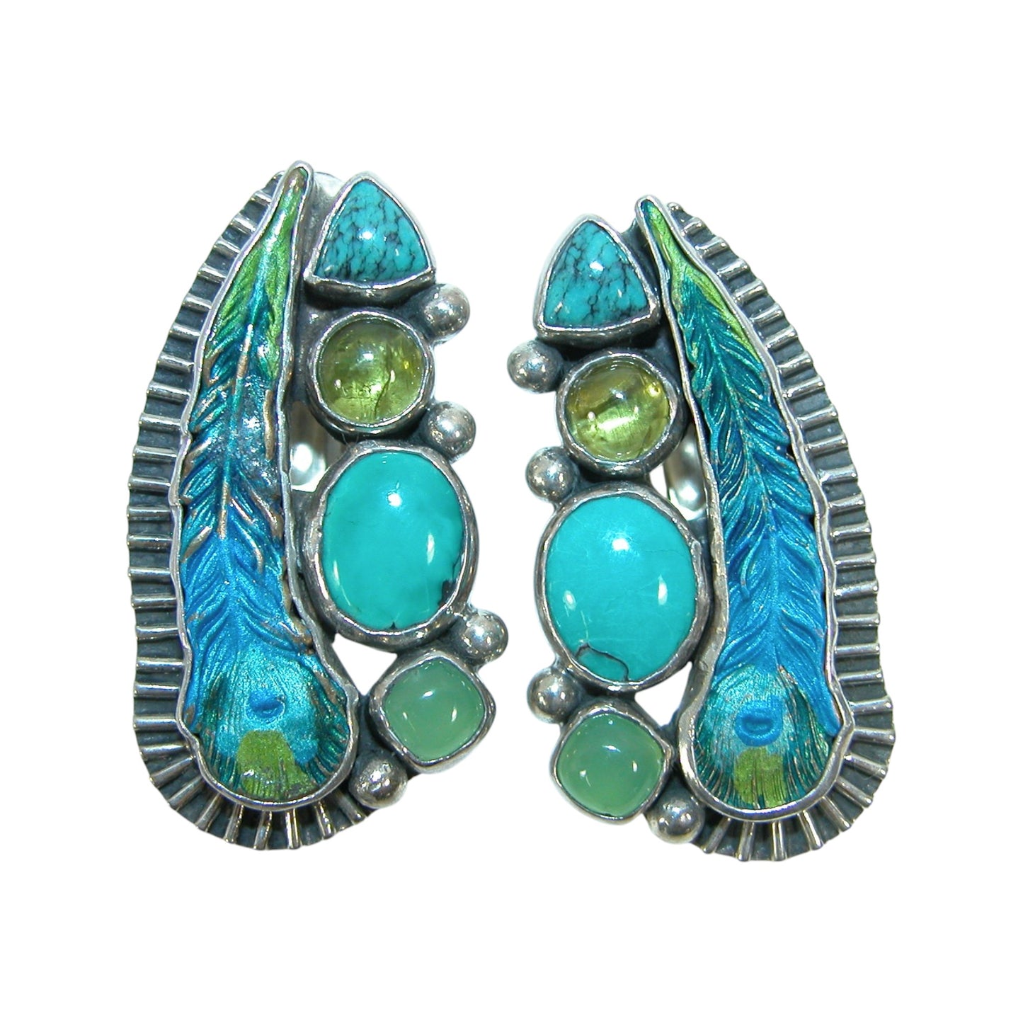 31709 Hand Enameling Feather, Peridot, Turquoise Sterling Silver Earrings