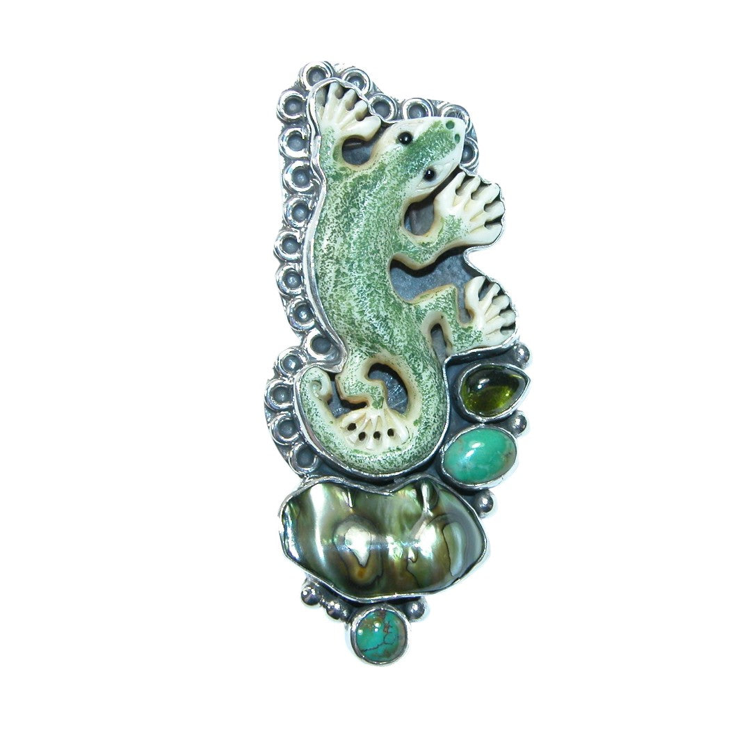 31710 Carved Lizard, Pearl, Turquoise Sterling Silver Pin Pendant