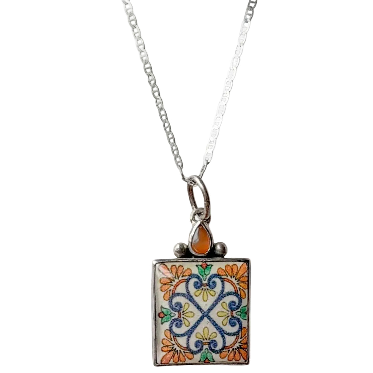 31716A Hessonite, Floral Motif Handmade Tile Pendant