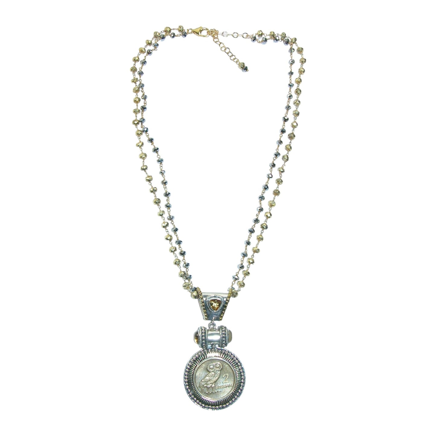 31718 Owl Coin Hematite Sterling Silver Necklace