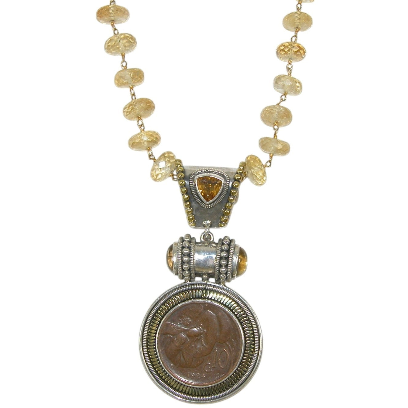 Bee Coin Citrine Beaded Sterling Silver Necklace