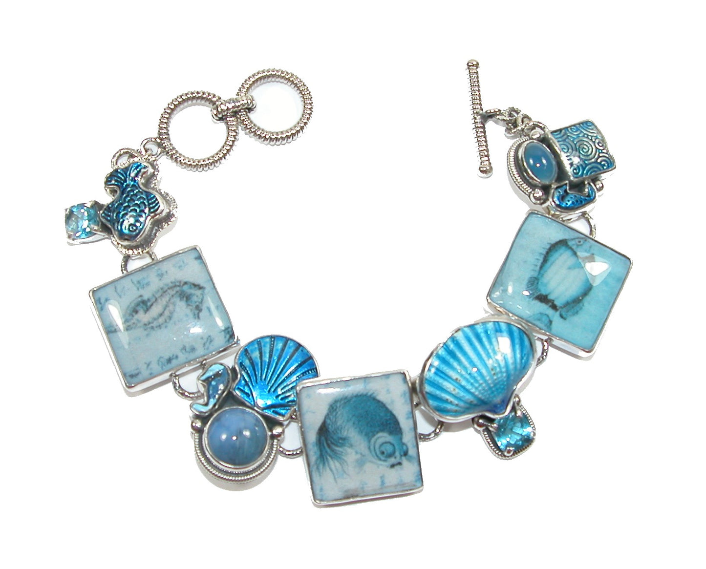 31738 Blue Topaz, Hand Enameling Shells, Sealife Sterling Silver Bracelet