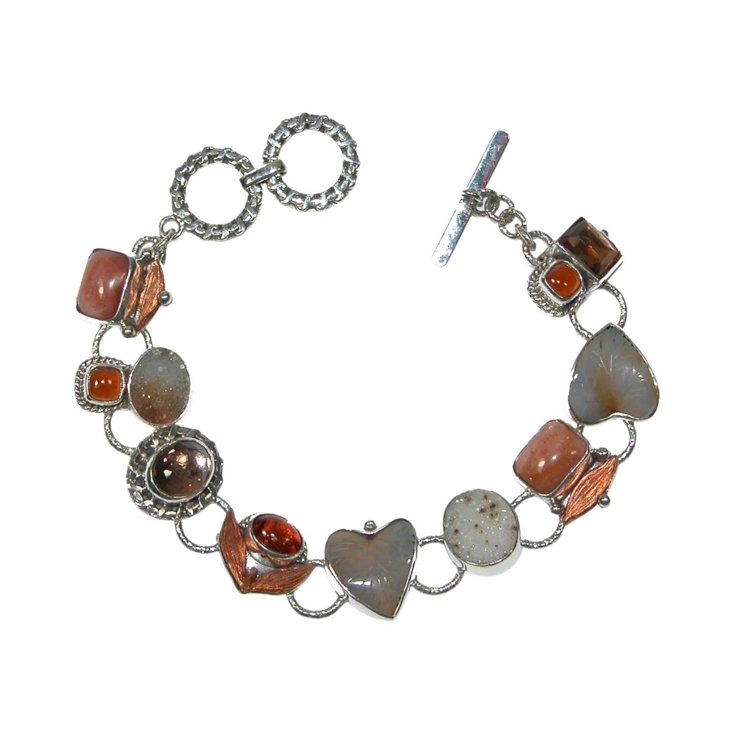 30830 Rutilated Quartz Drusy Carnelian Agathe Carved Leaf Amber Sterling Silver Bracelet