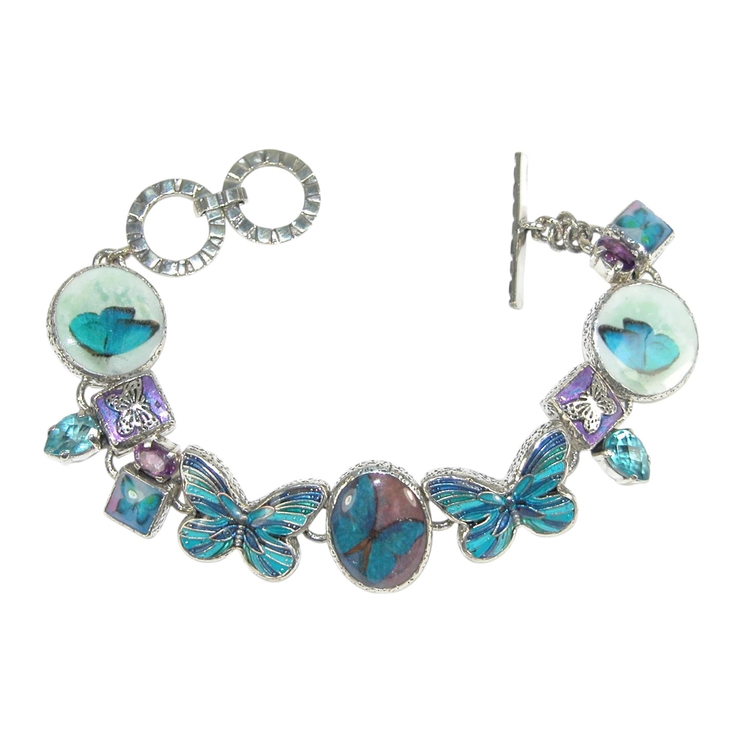 30601 Amethyst Blue Topaz Tile Enamel Sterling Silver Bracelet
