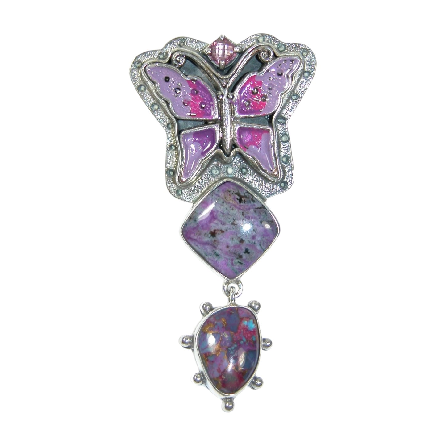 30490 Sugilite, Purple Turquoise, Hand Enameled Butterfly Sterling Silver Pin and Pendant