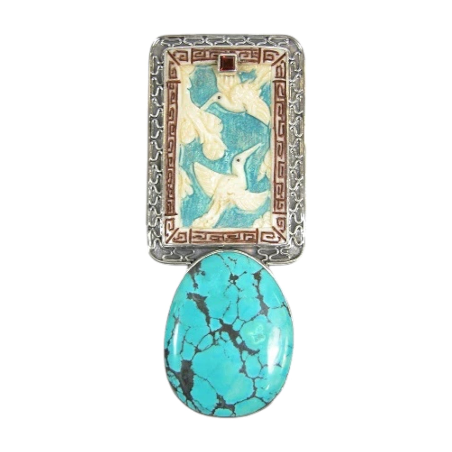 20938 Carved Bone, Garnet, Turquoise Bird Sterling Silver Pin and Pendant