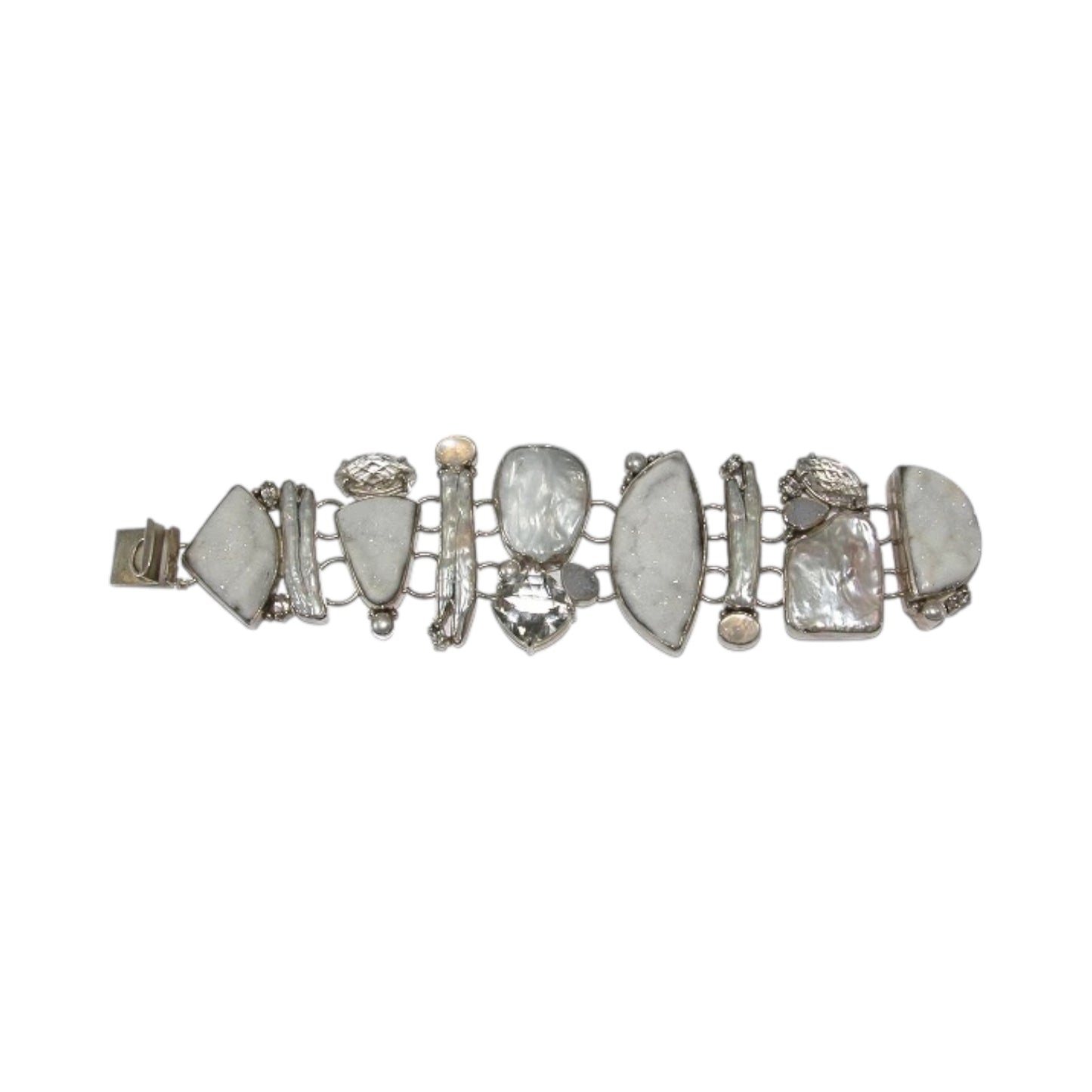 Freshwater Pearl Moonstone Drusy Agate Quartz Sterling Silver Bracelet