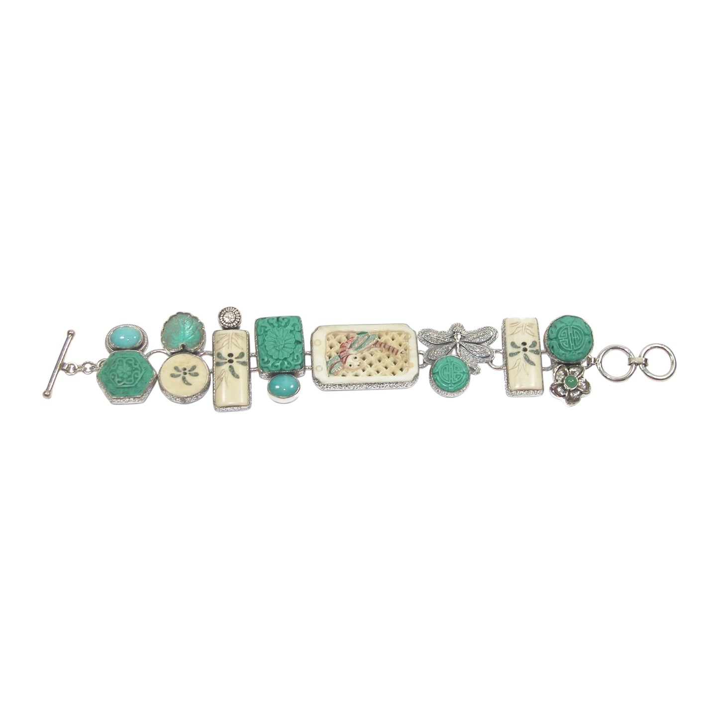 Carved Bone, Turquoise Dragonfly Sterling Silver Bracelet