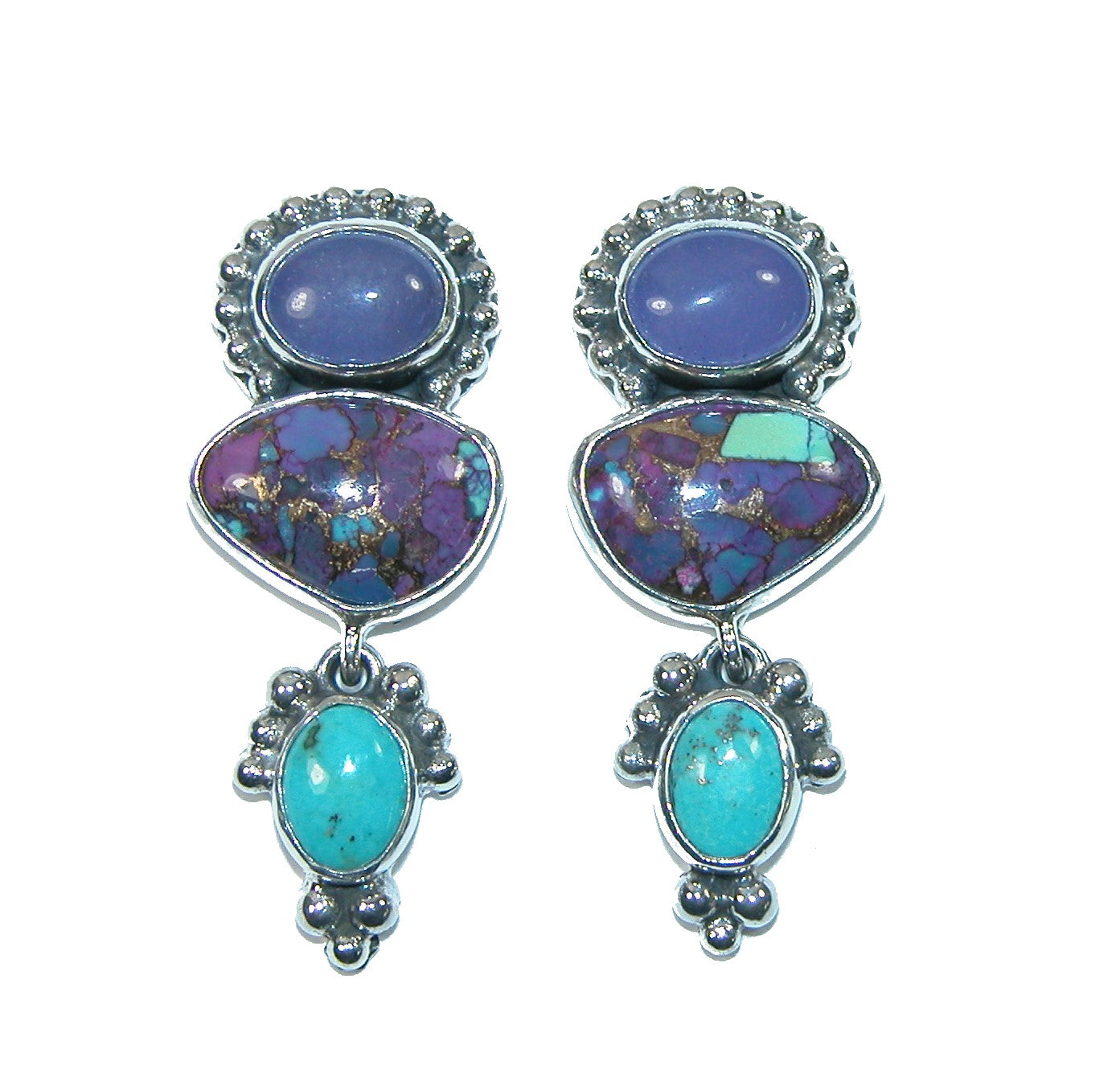 Purple and Teal Turquoise, Agate Sterling Silver Earrings