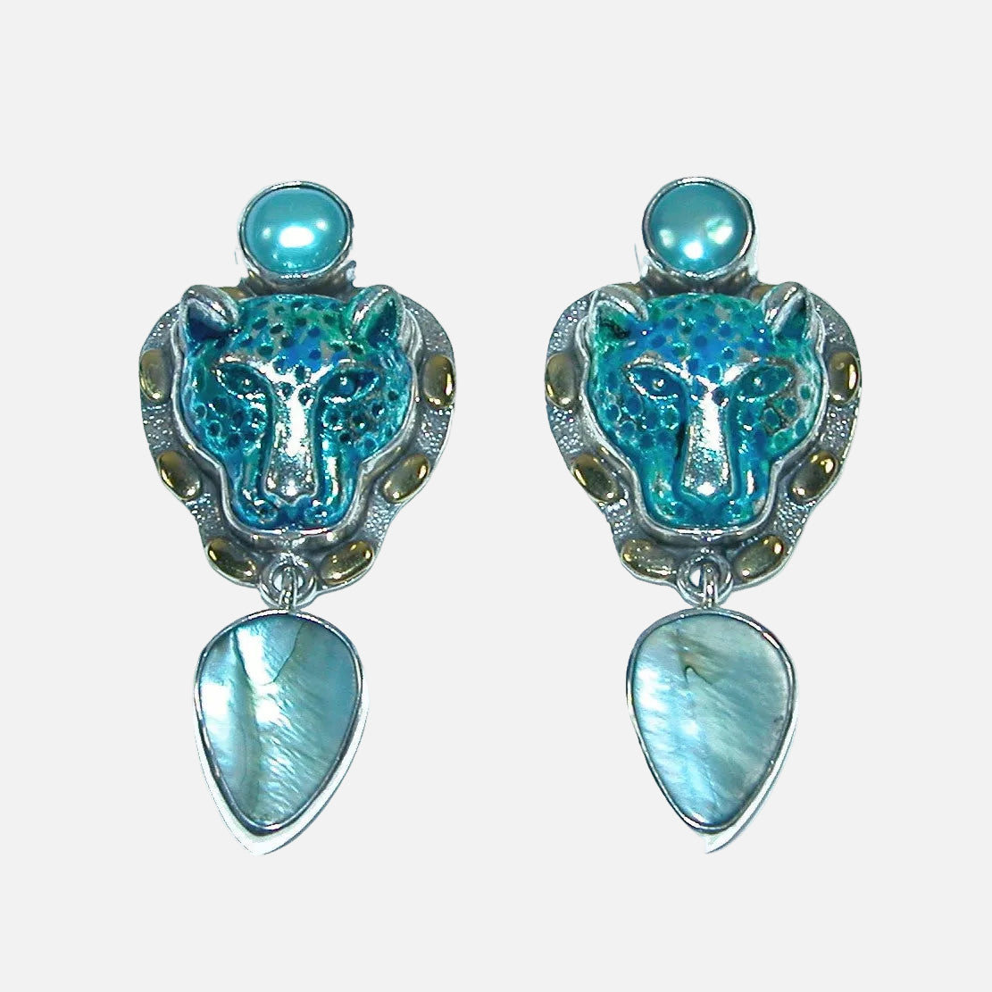 31784 Hand Enameled Tiger Freshwater Pearl Sterling Silver Earrings